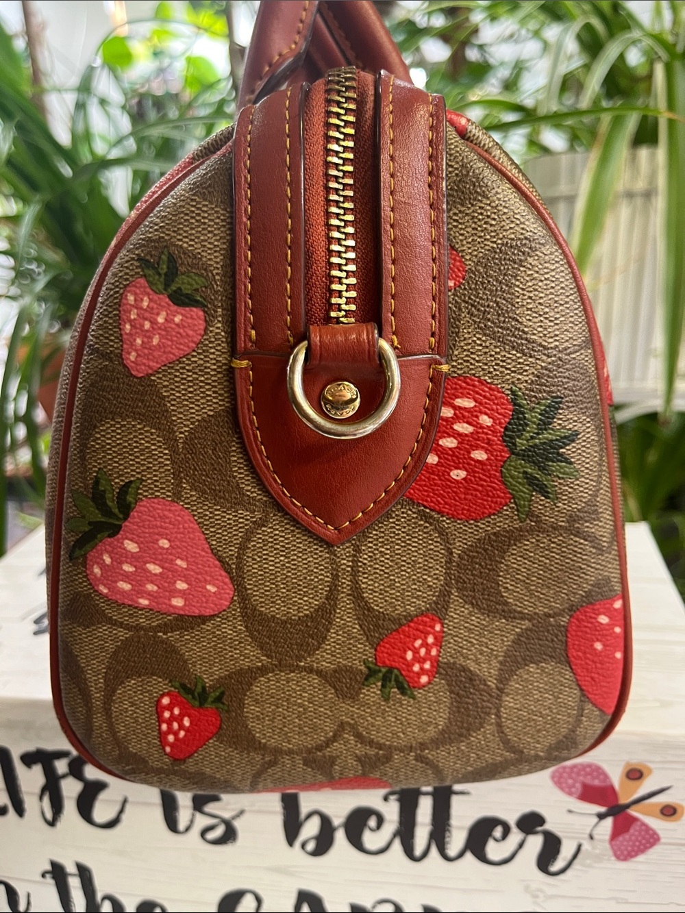 Coach Brown Signature Satchel with Red Strawberry Print - Picture 4 of 11